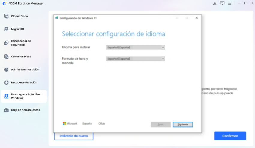 configuración y inicio de la instalación de win11