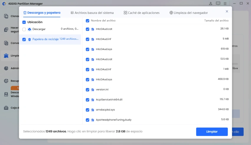 seleccionar archivos para limpiar
