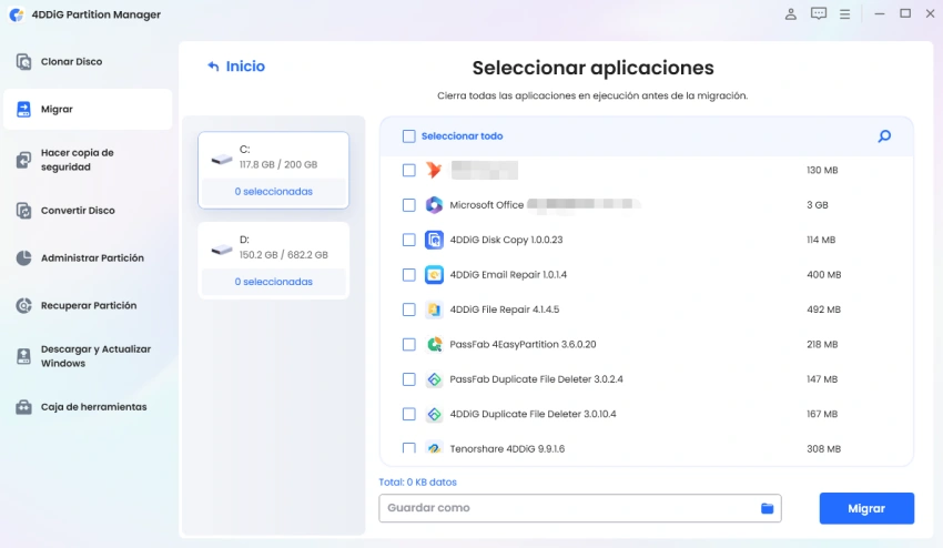 seleccionar aplicaciones que desea migrar