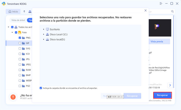 Obtener una vista previa y recuperar archivos