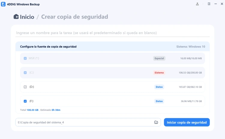 seleccionar particiones para respaldar y destino