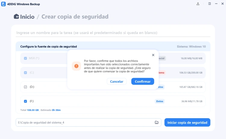 haz clic en iniciar y confirmar para respaldar