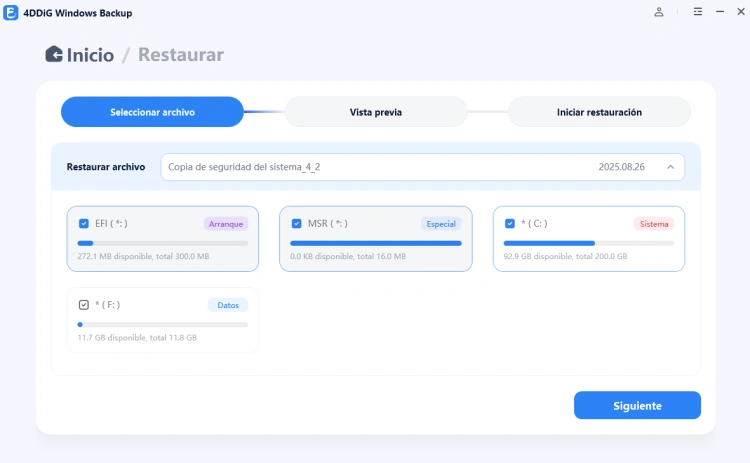 seleccionar archivo y particiones para restaurar
