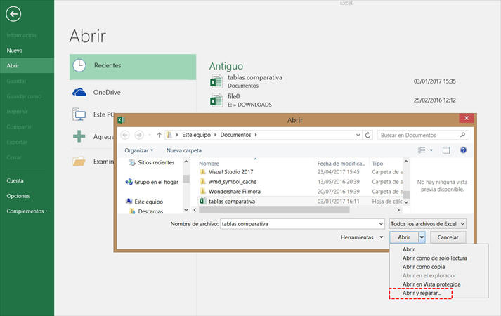 Reparar Excel no puede abrir el archivo usando la función Abrir y Reparar