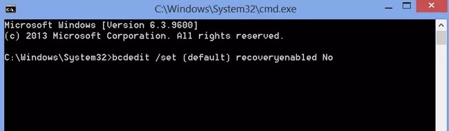 bcdedit /set {default} recoveryenabled