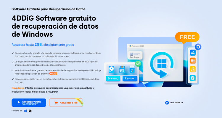 Interfaz de la página de inicio de Tenorshare 4DDiG Free