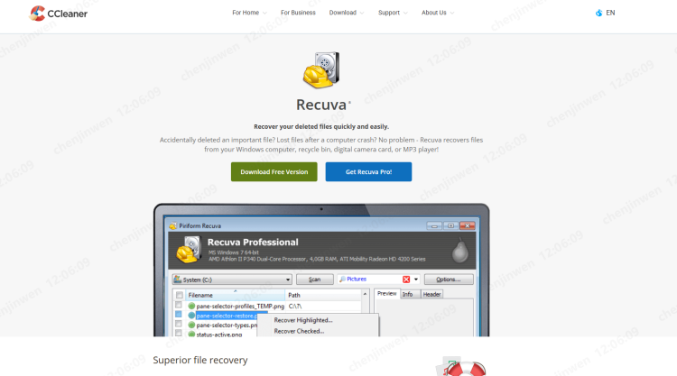 Interfaz del software de recuperación de datos Recuva