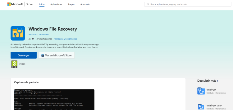 Interfaz de línea de comandos de Windows File Recovery