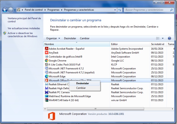 desinstalar microsoft 2016 2