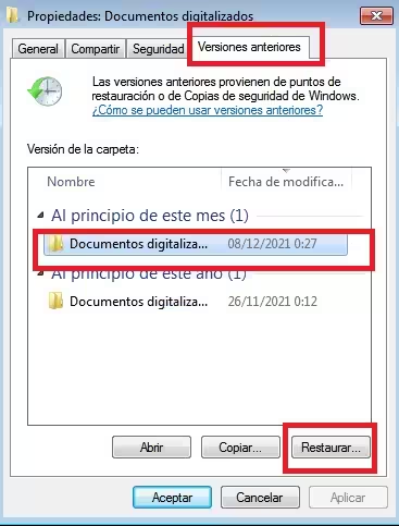 restaurar versiones anteriores