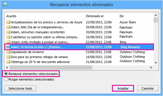 Recuperar un elemento eliminado de los servidores en Outlook