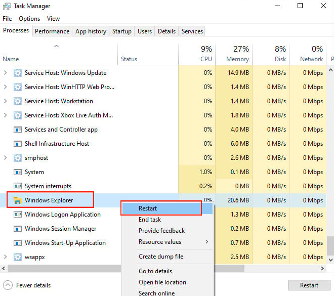 Reiniciar el Explorador de archivos