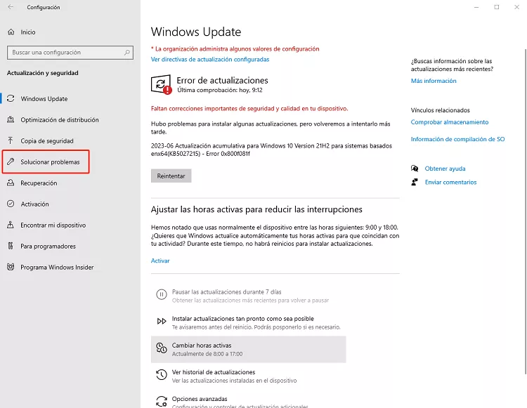 Haga clic en Solucionar problemas para encontrar los problemas 