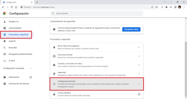 configuracion del sitio en el panel derecho