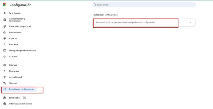 restablecer configuracion google