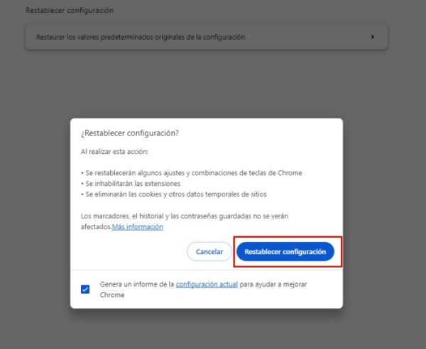 ventana emergente de confirmacion retablecer configuracion google