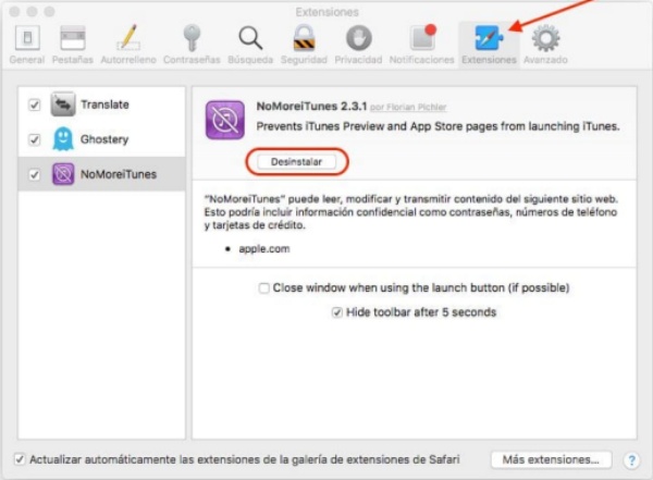 mac desinstalar las extensiones