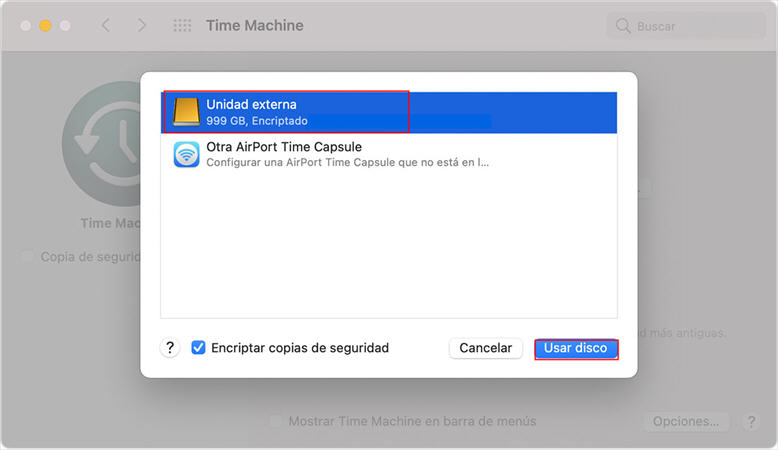 time machine seleccionar disco duro