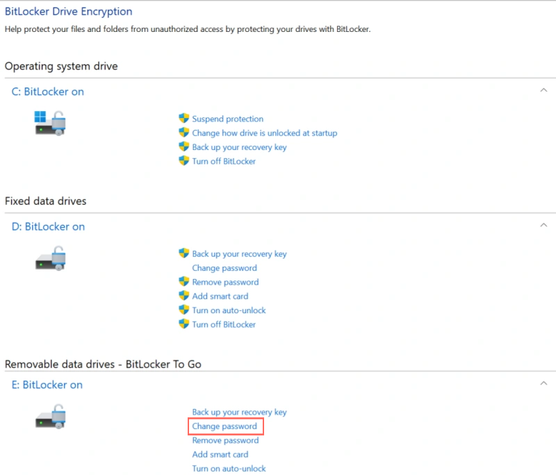 Página de administración de unidades BitLocker en el Panel de control