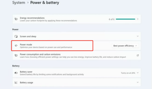Cambiar el modo de energía en la configuración de Windows 11