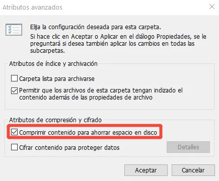 Pantalla de detalles de propiedades de carpeta con opción de compresión