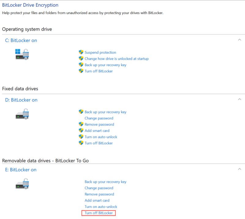 Pantalla de administración del cifrado de unidad BitLocker