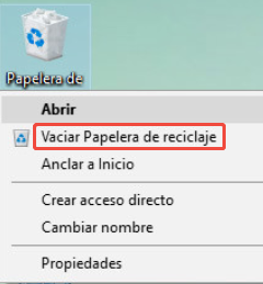 Menú al hacer clic derecho en la papelera de reciclaje