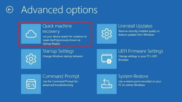 Pantalla de selección de recuperación rápida del sistema en WinRE