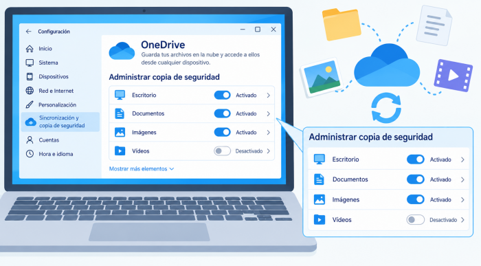 Pantalla para configurar los elementos de copia de seguridad en OneDrive