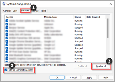 Pantalla mostrando la configuración de arranque limpio en la pestaña Servicios de msconfig