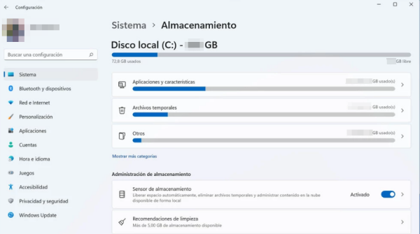 Acceder a la sección de Sensor de almacenamiento en el menú