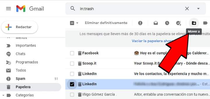Recuperar un correo de Gmail de la papelera