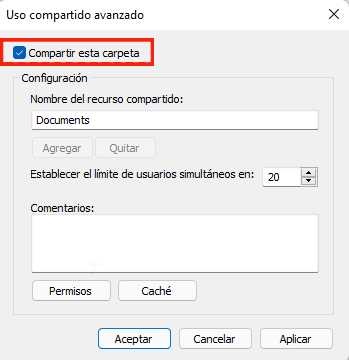 Configuración de uso compartido de la carpeta
