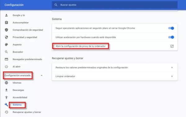 abrir la configuracion del proxy en chrome