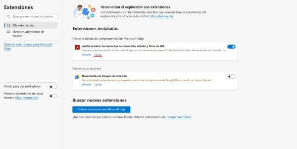 deshabilitar extensiones en microsoft