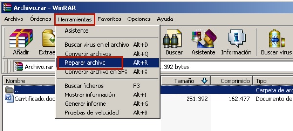 reparar archivo con winrar