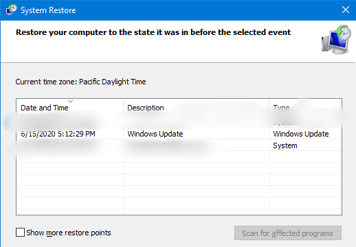 Seleccionar un punto de restauración