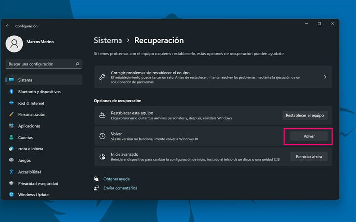 volver a Windows 10