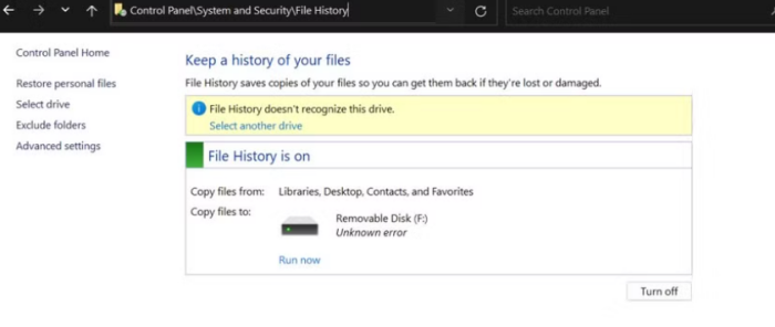 Pantalla de configuración del Historial de archivos de Windows 11