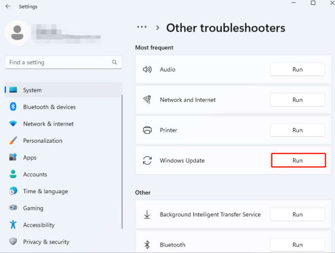 Haz clic en "Ejecutar" en Windows Update