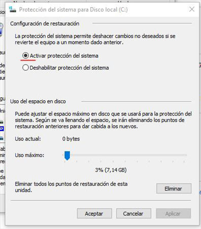 activar proteccion del sistema