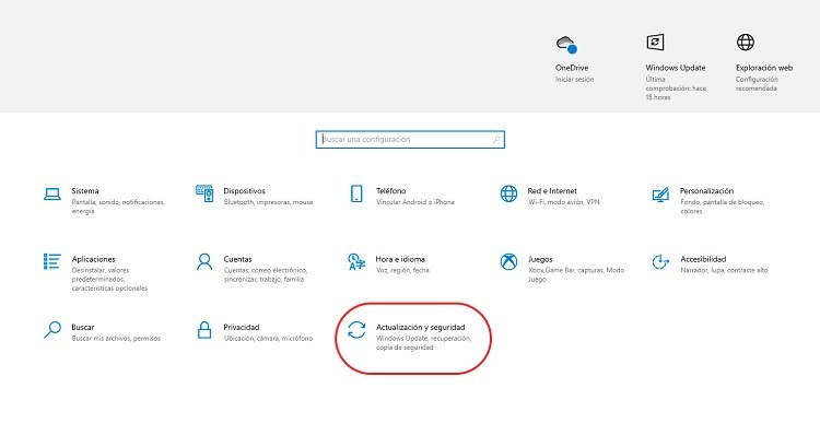 pulse el icono de actualización & seguridad