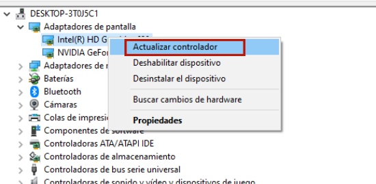 actualizar controlador de adminstrador de dispositivos