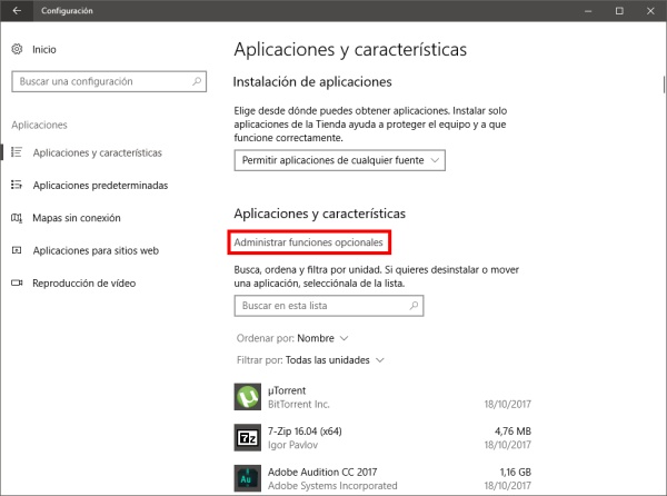 administrar funciones opcionales