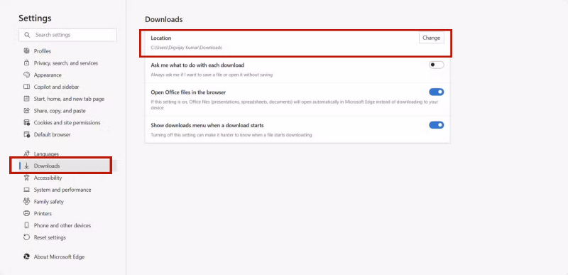 Cambiar la carpeta de descargas en Microsoft Edge