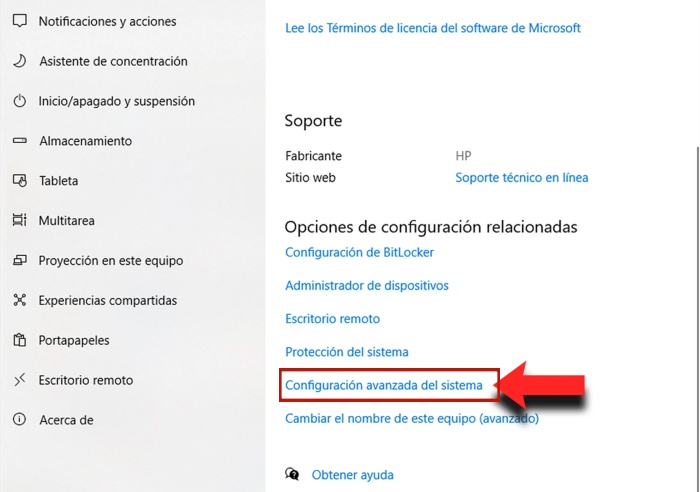 configuracion avanzada del sistema de acerca