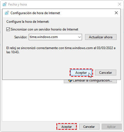 Solucionar el error confirmando la fecha y hora de nuevo