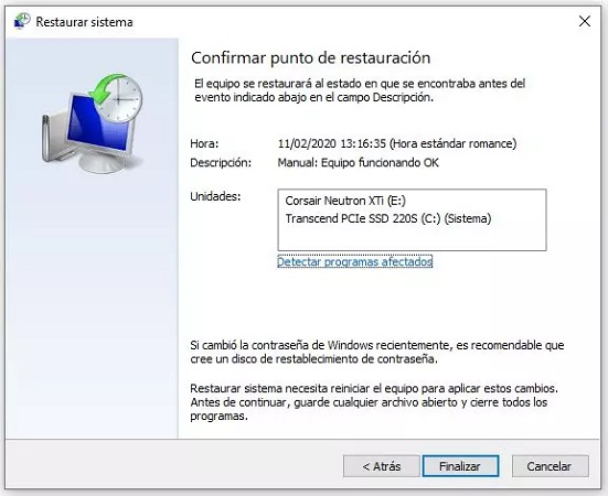 confirmar punto de restauracion