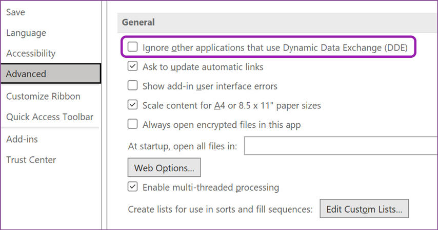 Dynamic Data Exchange (DDE) を使用する他のアプリケーションを無視する