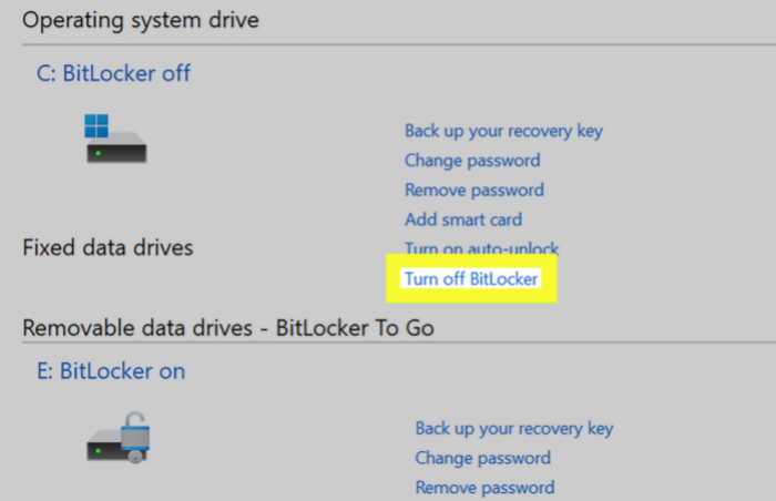 Seleccionar 'Desactivar BitLocker'